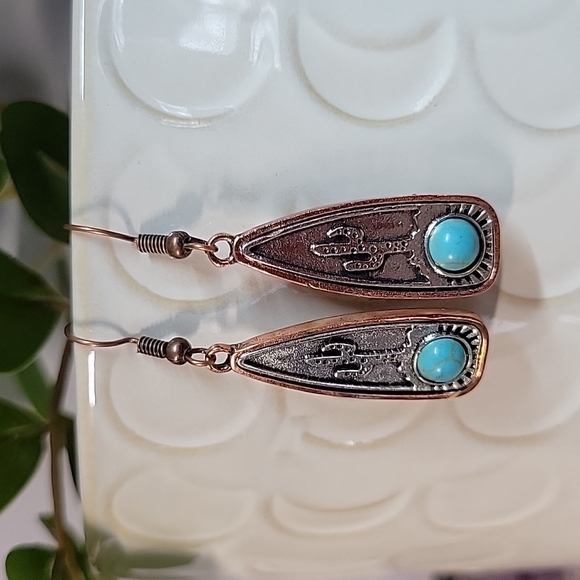 Jewelry - 🔥LAST PAIR🔥Cactus and Turquoise Etched Pendant Drop Earrings